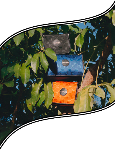 Sunlight lands on a series of small bags GG patterned nylon in black, blue, and orange, ranging from toiletry bags to miniature totes, that are arranged vertically in an Australian umbrella tree. A clear blue sky can be seen through the foliage of the tree